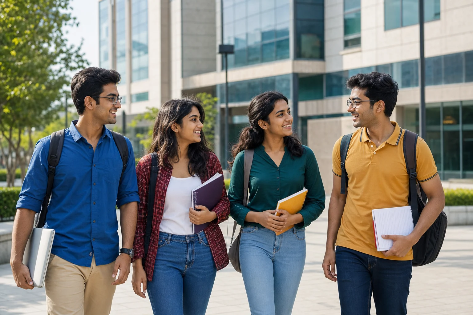 Urban Indian college students on a modern university campus