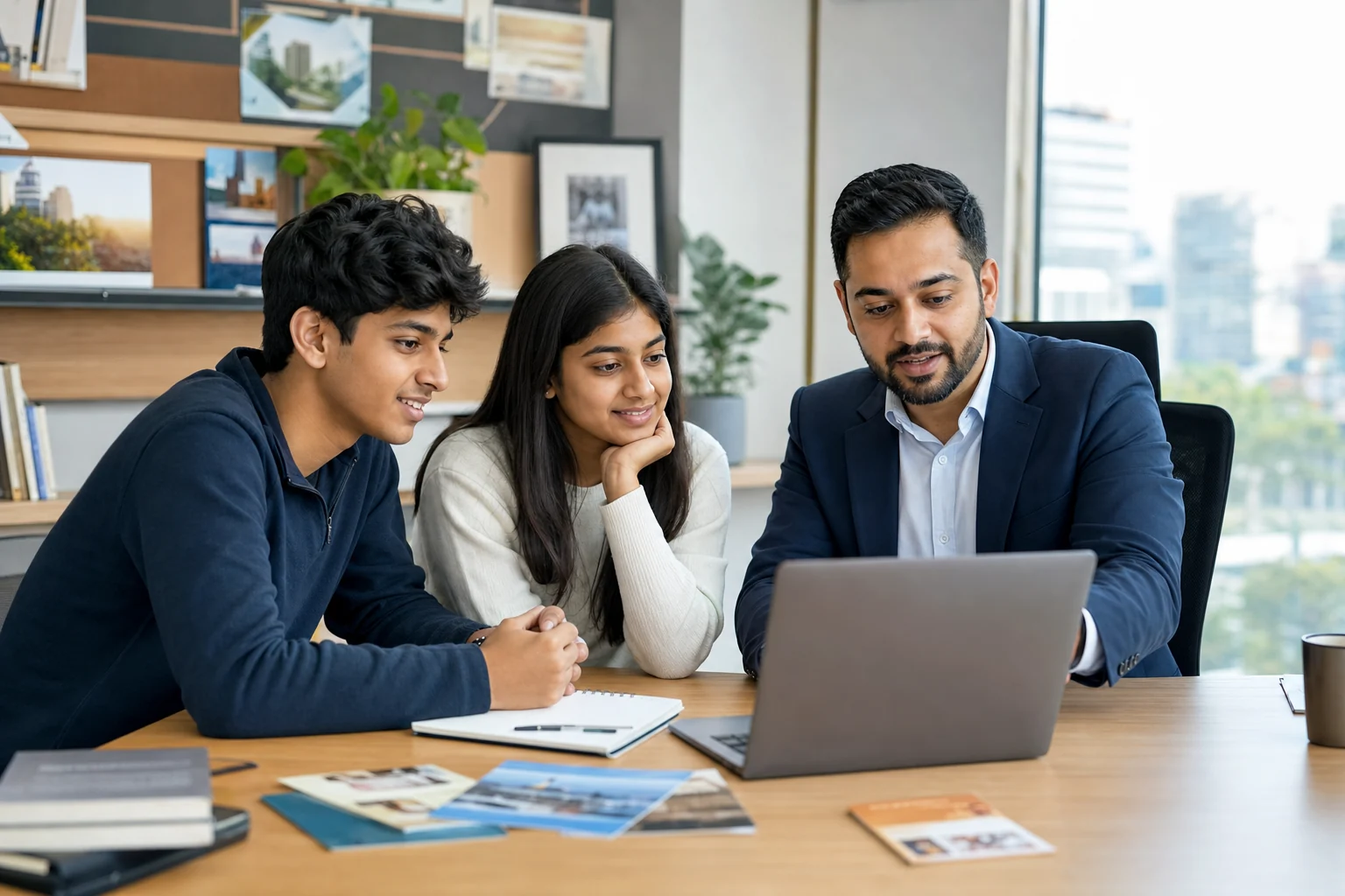 Indian senior-secondary students reviewing college options with a counsellor