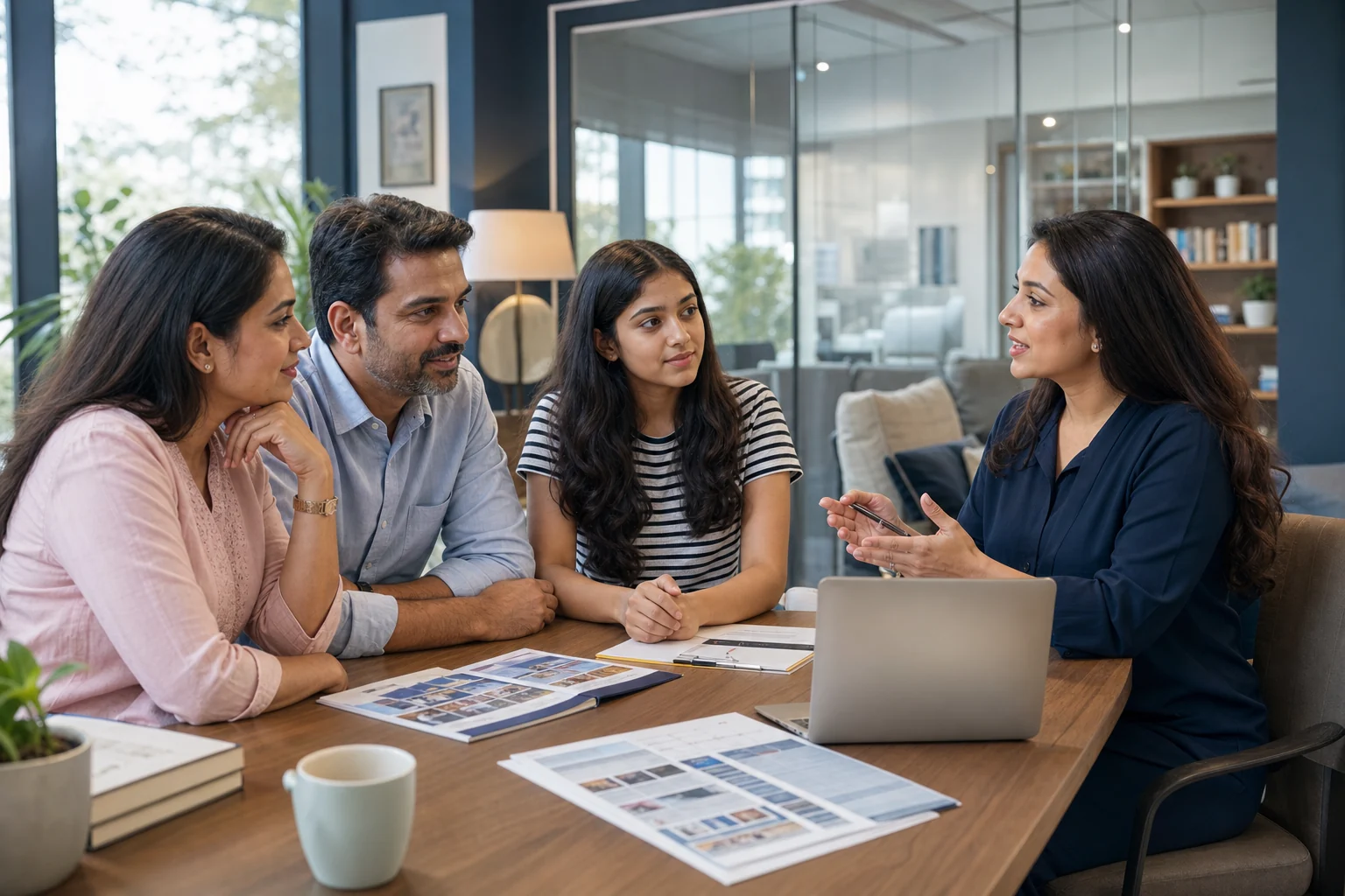Urban Indian family discussing college admission choices with a counsellor